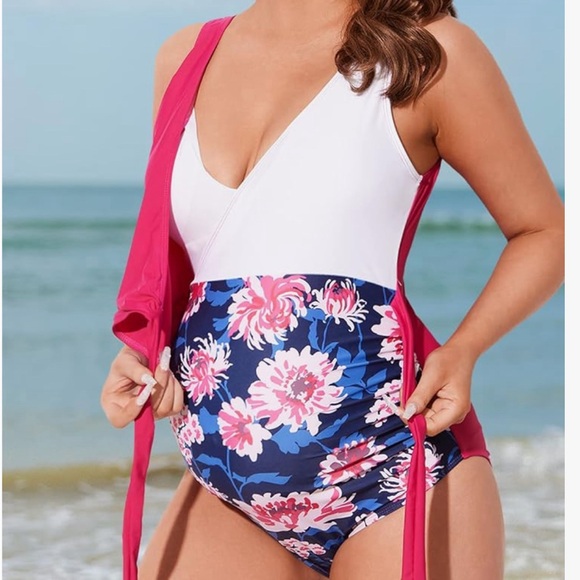 Summer Mae Maternity Swimsuit One Piece Tie Front Bathing Suit V Neck Pregnancy - Picture 3 of 8